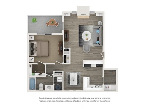 a stylized floor plan of a studio apartment